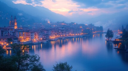 Naklejka premium Misty Italian Lakeside Town at Dusk