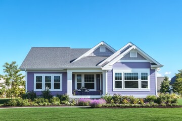 A serene craftsman home in a muted lavender shade with classic white trim, located on a lush, verdant lawn with a simple yet elegant garden