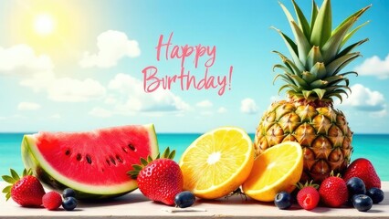 Bright festive image with the inscription "Happy Birthday!" surrounded by juicy fruits: pineapple, watermelon, orange, strawberry, blueberry. Summer atmosphere against the backdrop of the sea