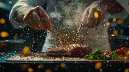 Chef seasoning a ribeye steak with spices.