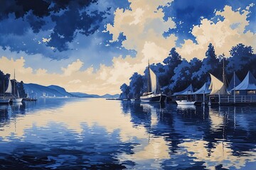 Dreamy Waterfront Scenery with Indigo and Cream Reflections