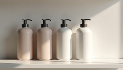 Stylish lotion bottles on white shelf