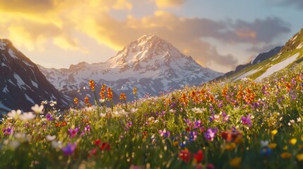 Fototapeta premium Majestic mountain peak at sunset, wildflowers meadow.