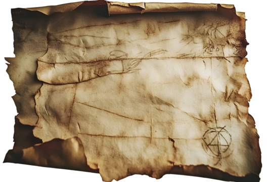 Old, weathered, torn parchment with visible folds and stains, giving it a vintage and ancient appearance.