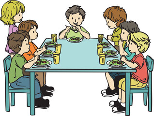 a group of children sitting around a table, enjoying a meal together. A warm and social dining scene that promotes friendship, healthy eating, and good manners. Perfect for children’s activity books, 