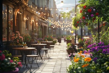 Outdoor cafe with small round tables and string lights