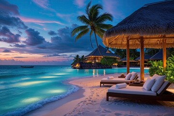 Obraz premium Refreshing Island Resort Experience with Heavenly Dusk Beach and Vibrant Ocean Ambiance