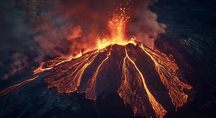 Fiery spectacle! Molten lava flows illuminate the night as a volcano erupts, a breathtaking display of nature's power.