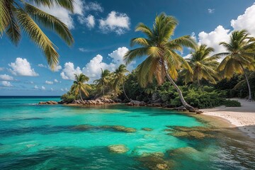 Fototapeta premium Idyllic Caribbean Cove with Palm Trees and Shimmering Turquoise Sea for a Perfect Island Getaway