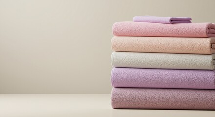 Soft,stacked towels in pastel colors creating a calm, inviting atmosphere on a minimalist background