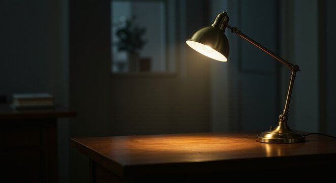 Elegant desk lamp casting warm light on a wooden table, creating a cozy and inviting atmosphere, ideal for focused remote work or reading sessions in a quiet space.