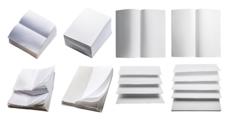 Various Arrangements of Blank White Paper and Notebooks for Design, Bundle Set Collection, Isolated on Transparent Background