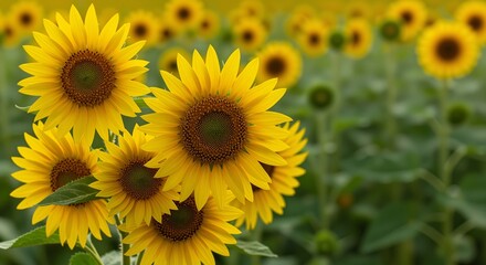 Obraz premium Sunflowers blooming in a vibrant field exuding warmth and joy, surrounded by lush green foliage showcasing the beauty of nature