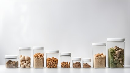 Seven clear jars white lids hold various dried foods, arranged a neat row against a white background.