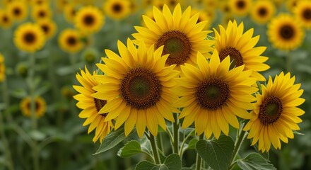 Naklejka premium Sunflowers in Full Bloom Radiate Joy While Standing Tall Amidst a Lush Green Field