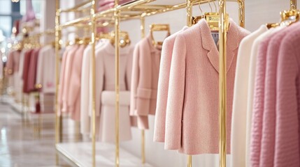 Pink and white clothes hanging on golden hangers in fashion boutique