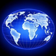 Globe rendering, world map on a blue background, data visualization