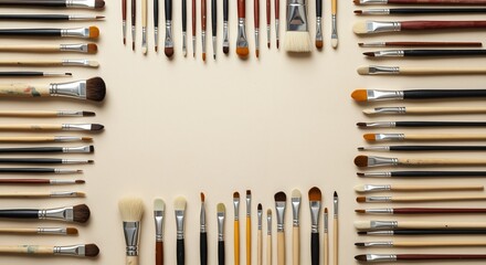 Professional paintbrushes arranged symmetrically on a neutral background, showcasing various sizes and styles, symbolizing tools for artistic home renovation projects