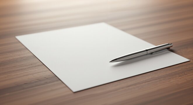 Blank white paper and silver pen on a wooden desk conveying a sense of focus and readiness for writing or planning