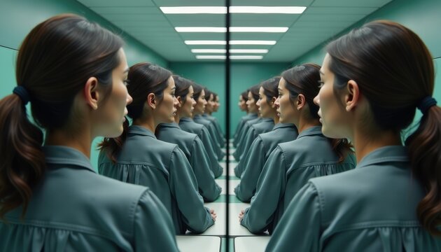 Person looking into mirror with infinite shifting reflections
