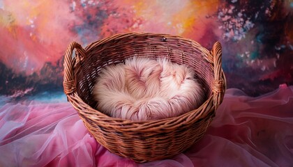 Newborn photography digital background prop. wicker basket on a painted canvas. Generated image