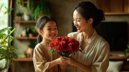 Little Japanese girl presents a bunch of red carnations to her mother on Mother's Day. The living room is in the background. Happy smiling faces of mother and daughter. 