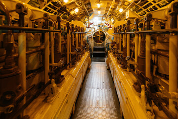 Inside old diesel military submarine