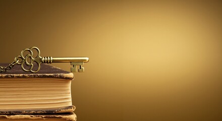 Antique golden key resting on a worn book conveying a sense of opportunity and knowledge representing access to new possibilities against a gradient golden background