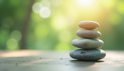 Obraz premium Balanced smooth stones stacked under gentle daylight.