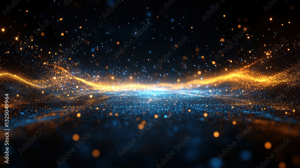 Poster abstract blue and gold particles flowing over black background with bokeh effect