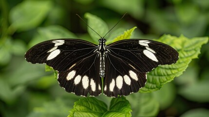 Fototapeta premium A butterfly black and white colors on the both wings on the leaves plant in garden. AI generated