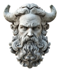 Obraz premium Detailed Marble Sculpture of a Fierce Bearded Man with Horns, Isolated on Transparent Background