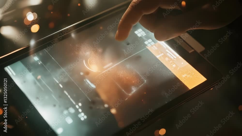 Poster close up of an engineer's hand manipulating holographic interface on a futuristic tablet, navigating