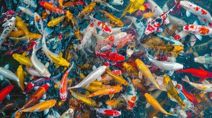 Top view beautiful crowed colorful japanese koi fish carp in water pond. AI generated image