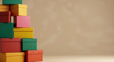 Colorful stacked gift boxes on a light background conveying excitement for festive celebrations