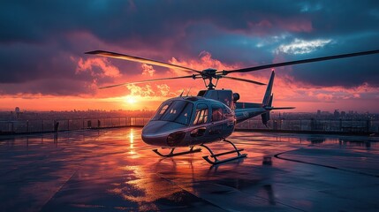 A luxury helicopter parked on a rooftop helipad, professional shot