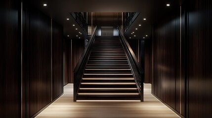 A sleek modern entrance hall with deep ebony wood panel walls and a straight staircase with dark wood treads and black iron railings