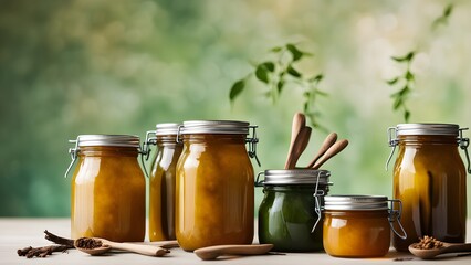 Several glass jars filled golden honey green honey sit a wooden surface against a blurred green background. Wooden spoons scattered nearby.