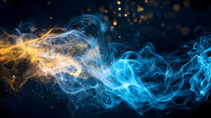 Abstract Composition Of Golden And Blue Smoke With Glowing Particles Against Dark Background