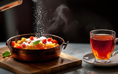 Fototapeta premium Warm Dish with Fresh Vegetables and Tea on Table