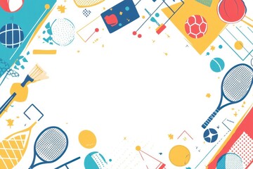 Obraz premium Abstract background with sports elements, flat design style, illustration on a white background, colorful geometric shapes sports equipment icons such as a tennis ball, badminton racket Generative AI