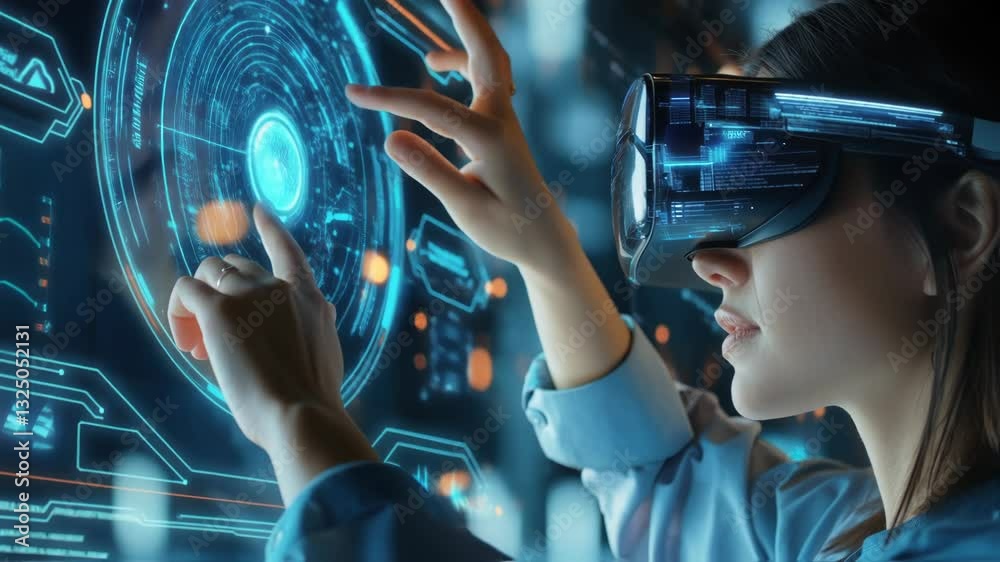 Poster software engineer wearing vr headset uses hand gestures to interact with futuristic holographic inte
