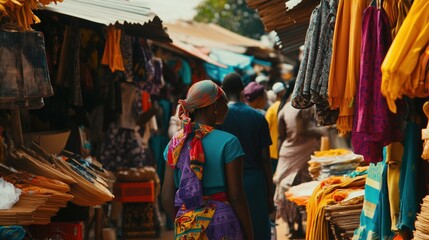 Obraz premium Woman in Traditional Attire Walking Through a Bustling Marketplace