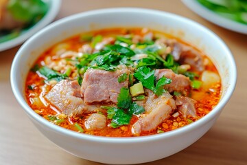A steaming bowl of spicy noodle soup features tender pieces of pork, topped with fresh cilantro and scallions. The vibrant broth is rich and aromatic, inviting taste