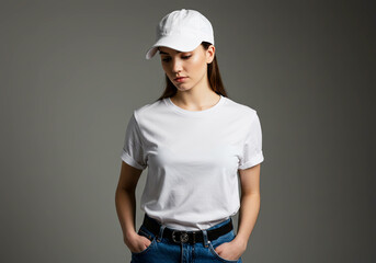 A young woman wearing a plain white baseball cap and white T-shirt. Lady girl with long hair. Plain grey background