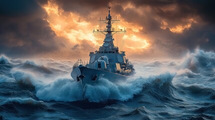 Obraz premium A military navy destroyer sailing through rough seas, dramatic lighting