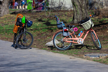 Fototapeta premium Two Bicycles Parked Together in a Sunny Outdoor Setting, One Featuring a Child Seat, Showcasing a Family-Friendly Atmosphere in a Lush Green Park