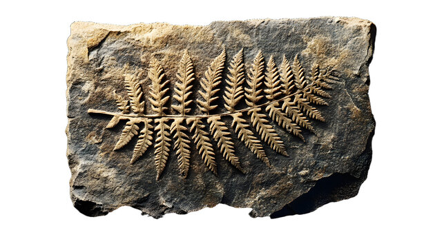 Ancient fossil, fern plant imprint in stone, vector archaeology and paleontology science. Cartoon prehistoric rock with relief print or trace of fern leaves silhouette. Ancient geological age fossil