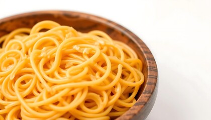Barley Noodle Golden barley noodles in a wooden bowl, perfect for healthy pasta dishes, presented on a white background