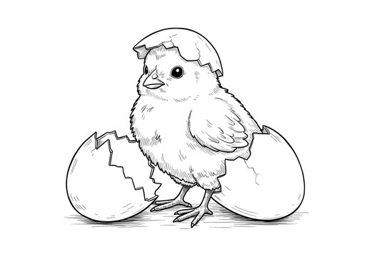 recommend clip art: Cute baby chick hatching from an egg in black and white line art drawing on a white background. PNG